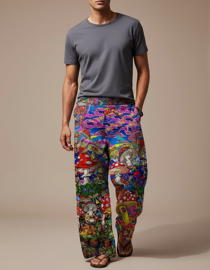 Pantalon Fluide Ample Imprimé Champignons Coloré Homme - Multicolore Viscose