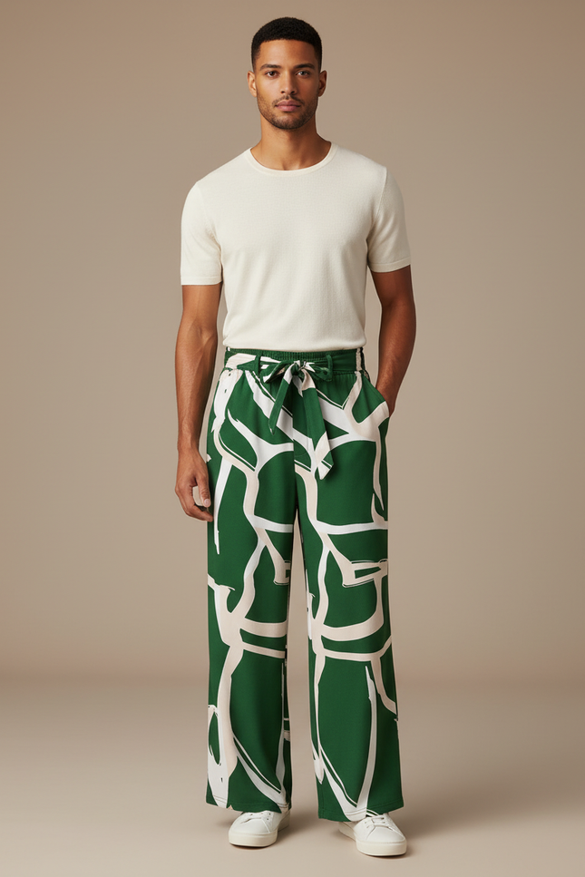 Pantalon Fluide Vert Imprimé Ample Décontracté Homme - Viscose