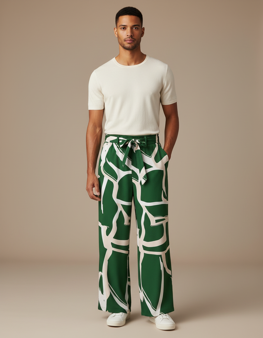 Pantalon Fluide Vert Imprimé Ample Décontracté Homme - Viscose