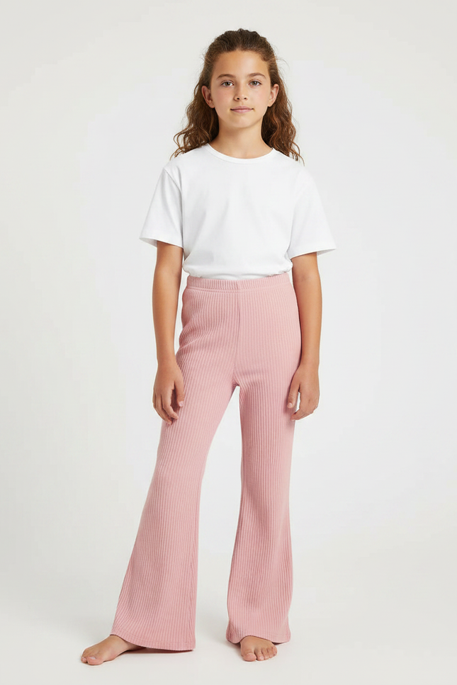 Pantalon Fluide Rose Côtelé Évasé Confortable Fille - Maille