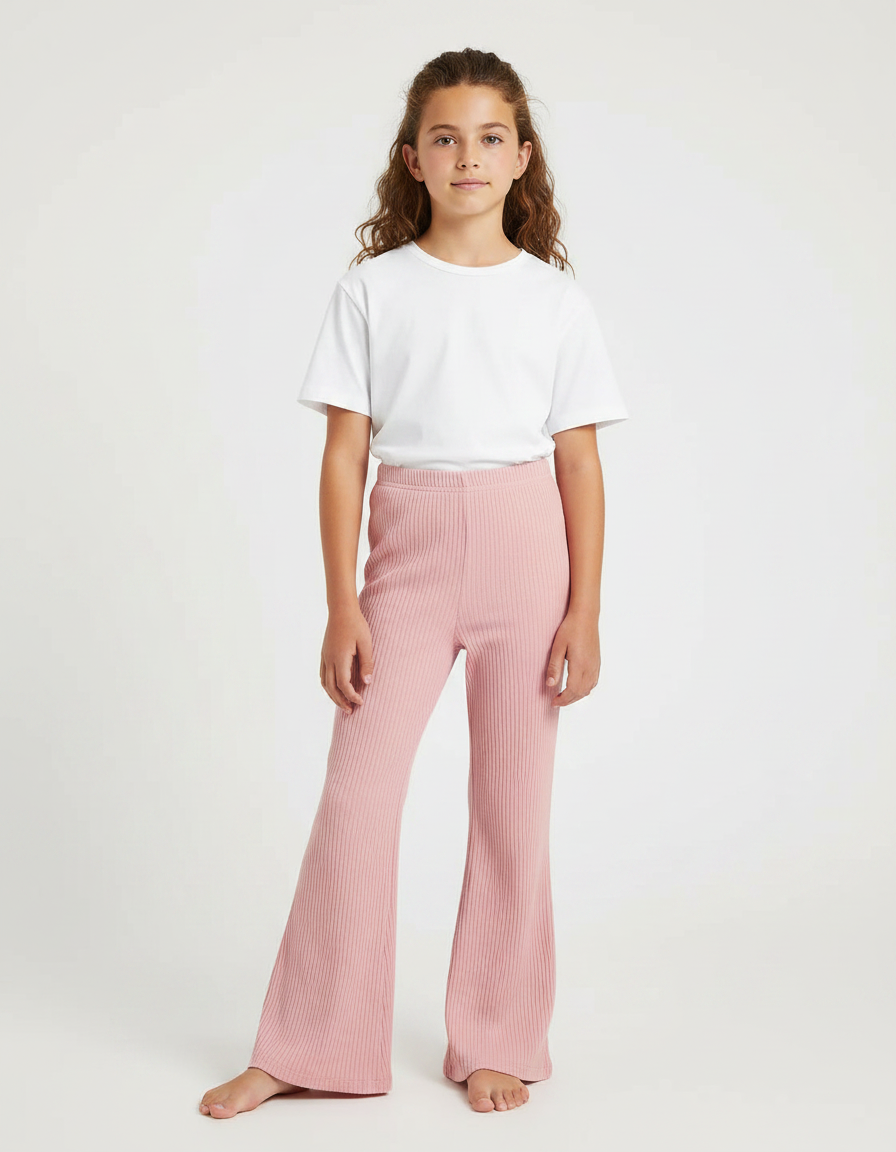 Pantalon Fluide Rose Côtelé Évasé Confortable Fille - Maille