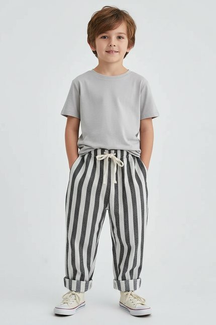 Pantalon Fluide Rayé Noir Blanc Lin Ample Enfant - Imprimé