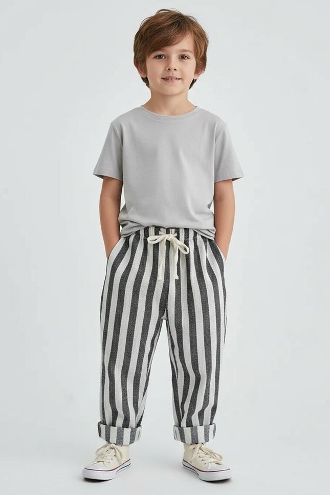 Pantalon Fluide Rayé Noir Blanc Lin Ample Enfant - Imprimé
