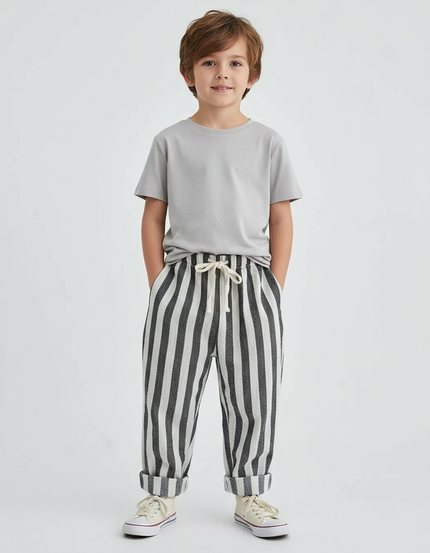 Pantalon Fluide Rayé Noir Blanc Lin Ample Enfant - Imprimé
