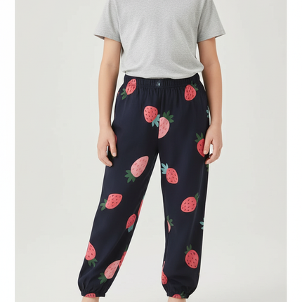 Pantalon Fluide Bleu Marine Fraises Enfant Coton