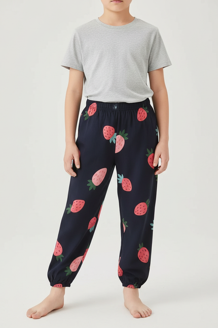 Pantalon Fluide Bleu Marine Fraises Enfant Coton
