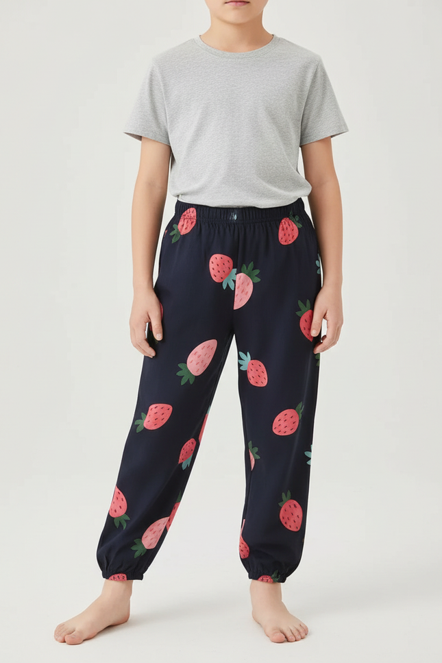 Pantalon Fluide Bleu Marine Fraises Enfant Coton
