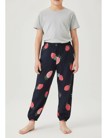 Pantalon Fluide Bleu Marine Fraises Enfant Coton