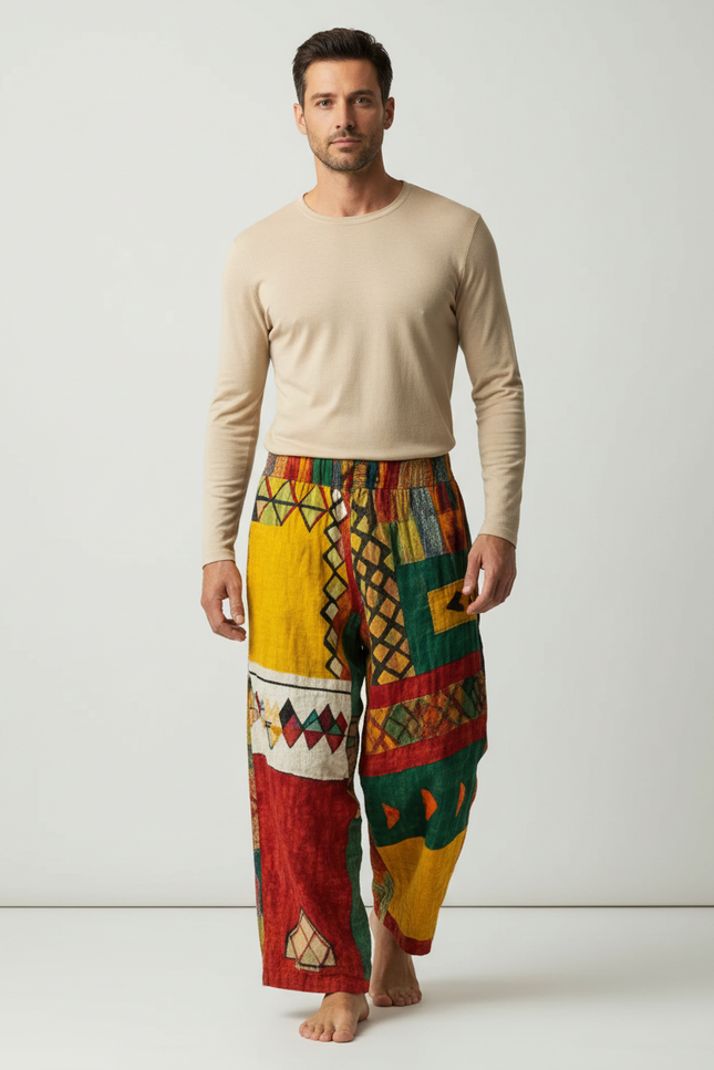 Pantalon Fluide Ethnique Coloré Ample Patchwork Coton - Multicolore
