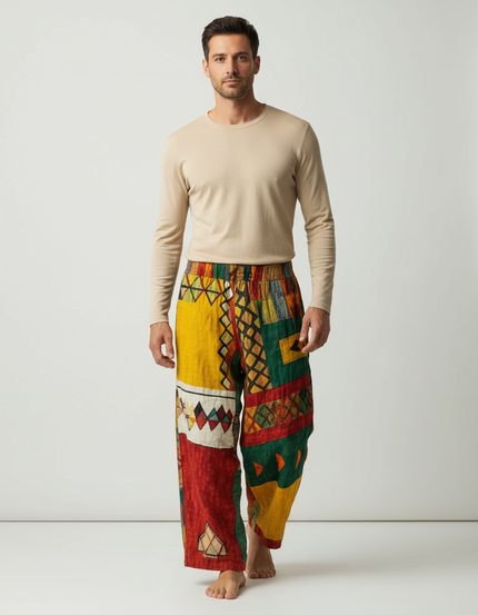 Pantalon Fluide Ethnique Coloré Ample Patchwork Coton - Multicolore