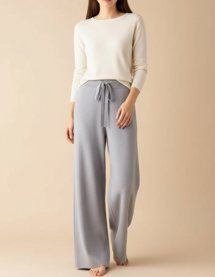 Pantalon Fluide Gris Maille Ample Cordon Femme
