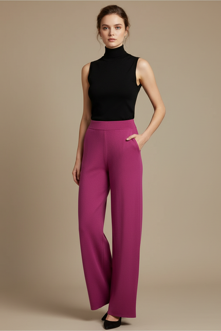 Pantalon Fluide Fuchsia Ample Texturé Élégant Femme - Rose Maille
