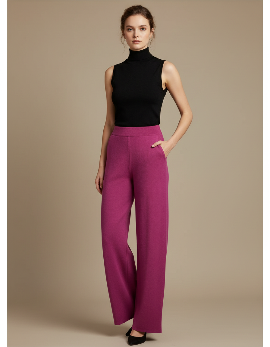 Pantalon Fluide Fuchsia Ample Texturé Élégant Femme - Rose Maille