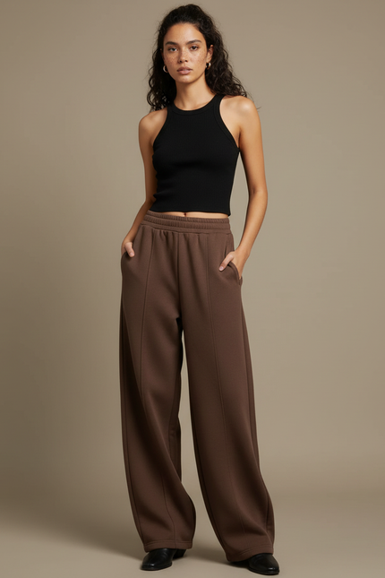 Pantalon Fluide Marron Ample Taille Haute Casual Femme - Molleton