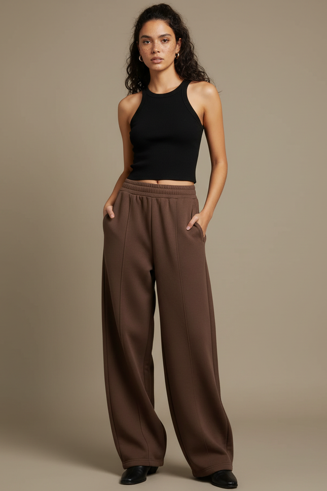 Pantalon Fluide Marron Ample Taille Haute Casual Femme - Molleton