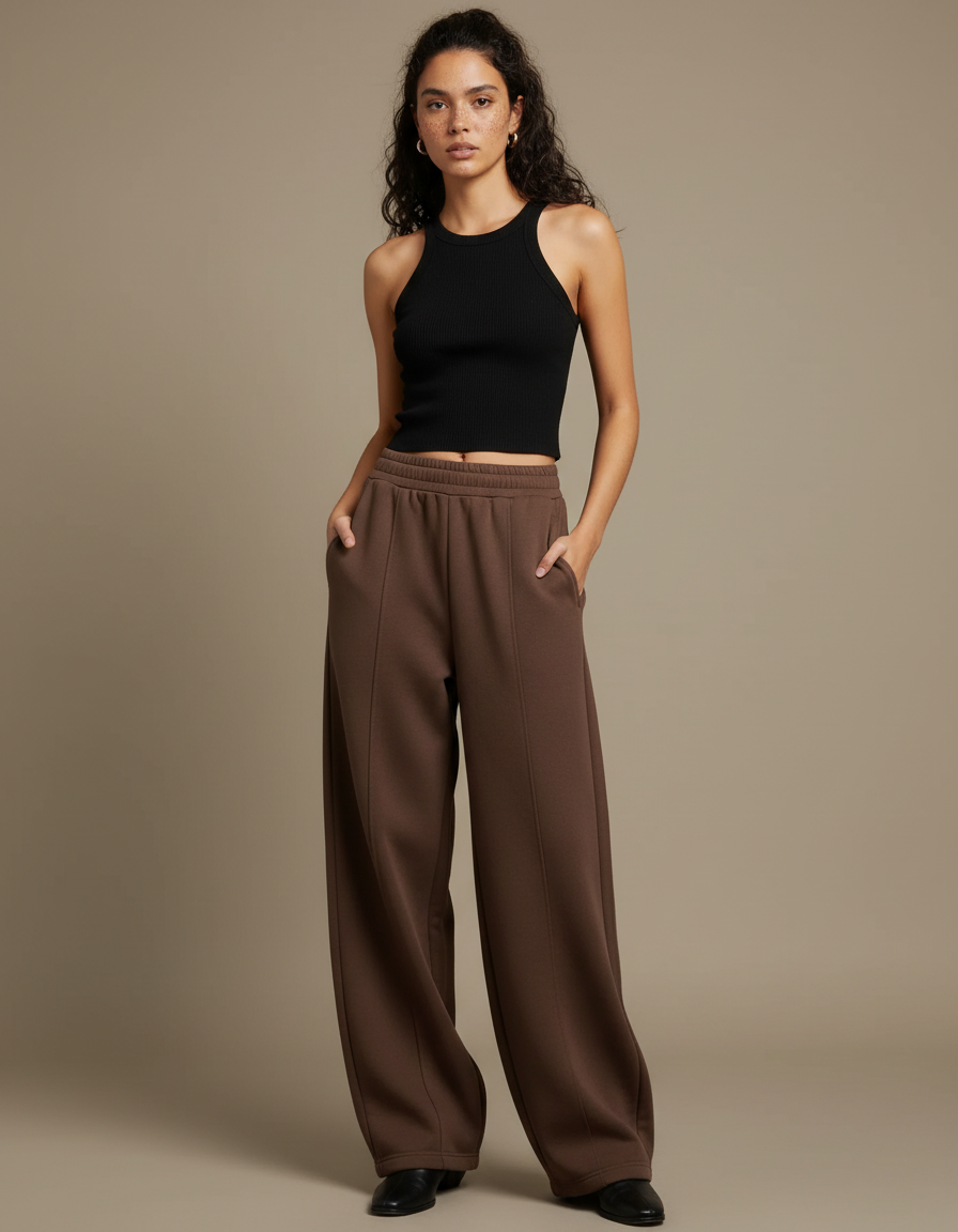 Pantalon Fluide Marron Ample Taille Haute Casual Femme - Molleton