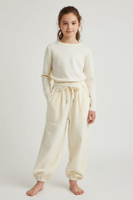 Pantalon Fluide Écru Molleton Ample Confortable Enfant - Beige