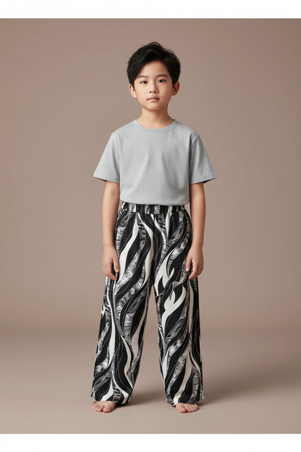Pantalon Fluide Noir Blanc Imprimé Ample Garçon - Viscose