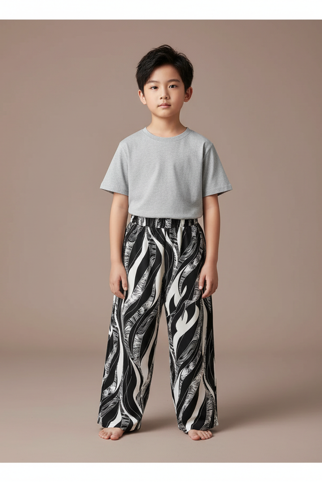 Pantalon Fluide Noir Blanc Imprimé Ample Garçon - Viscose