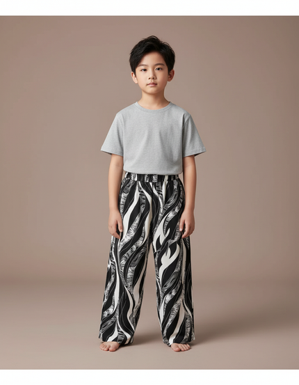 Pantalon Fluide Noir Blanc Imprimé Ample Garçon - Viscose