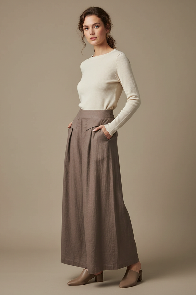 Pantalon Fluide Marron Ample Taille Haute Lin Femme