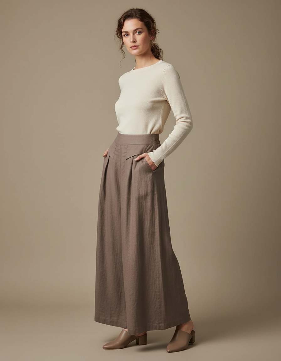 Pantalon Fluide Marron Ample Taille Haute Lin Femme