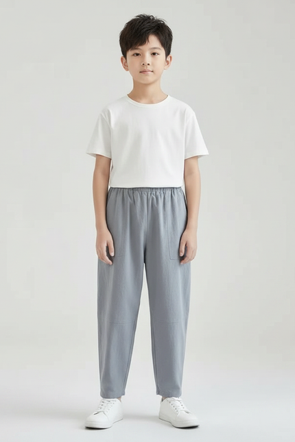 Pantalon Fluide Gris Coton Lin Ample Garçon