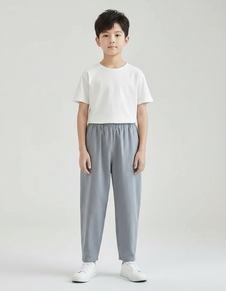 Pantalon Fluide Gris Coton Lin Ample Garçon