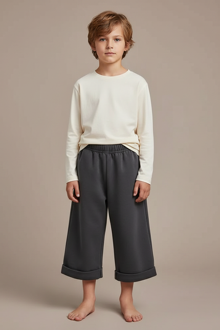 Pantalon Fluide Gris Ample Décontracté Enfant Coton - Molleton