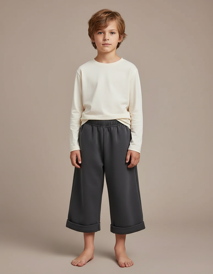 Pantalon Fluide Gris Ample Décontracté Enfant Coton - Molleton