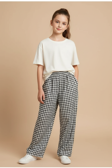 Pantalon Fluide Carreaux Noir Blanc Ample Confortable Fille - Multicolore Viscose