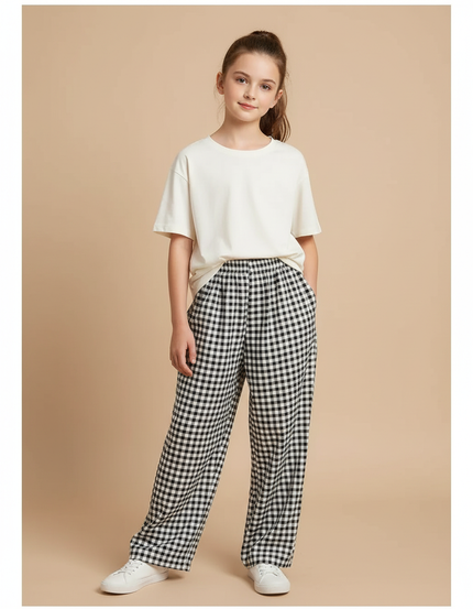 Pantalon Fluide Carreaux Noir Blanc Ample Confortable Fille - Multicolore Viscose