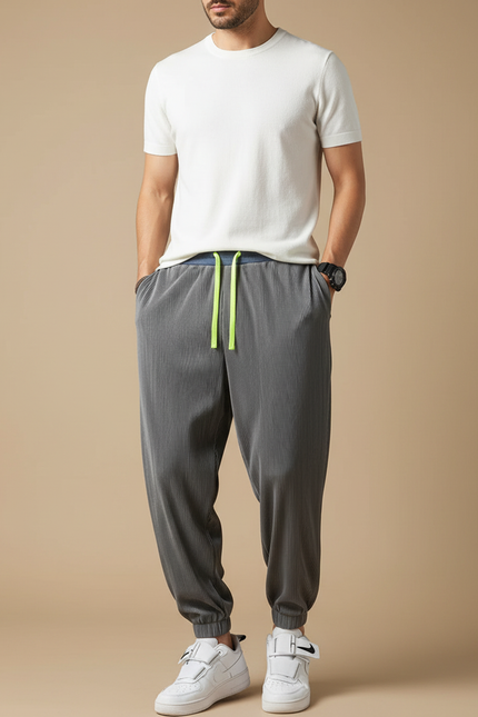 Pantalon Fluide Plissé Gris Cordon Léger Homme - Cordé