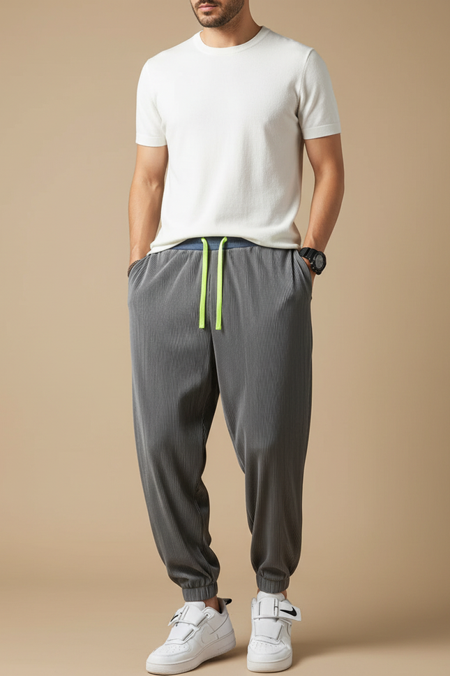 Pantalon Fluide Plissé Gris Cordon Léger Homme - Cordé