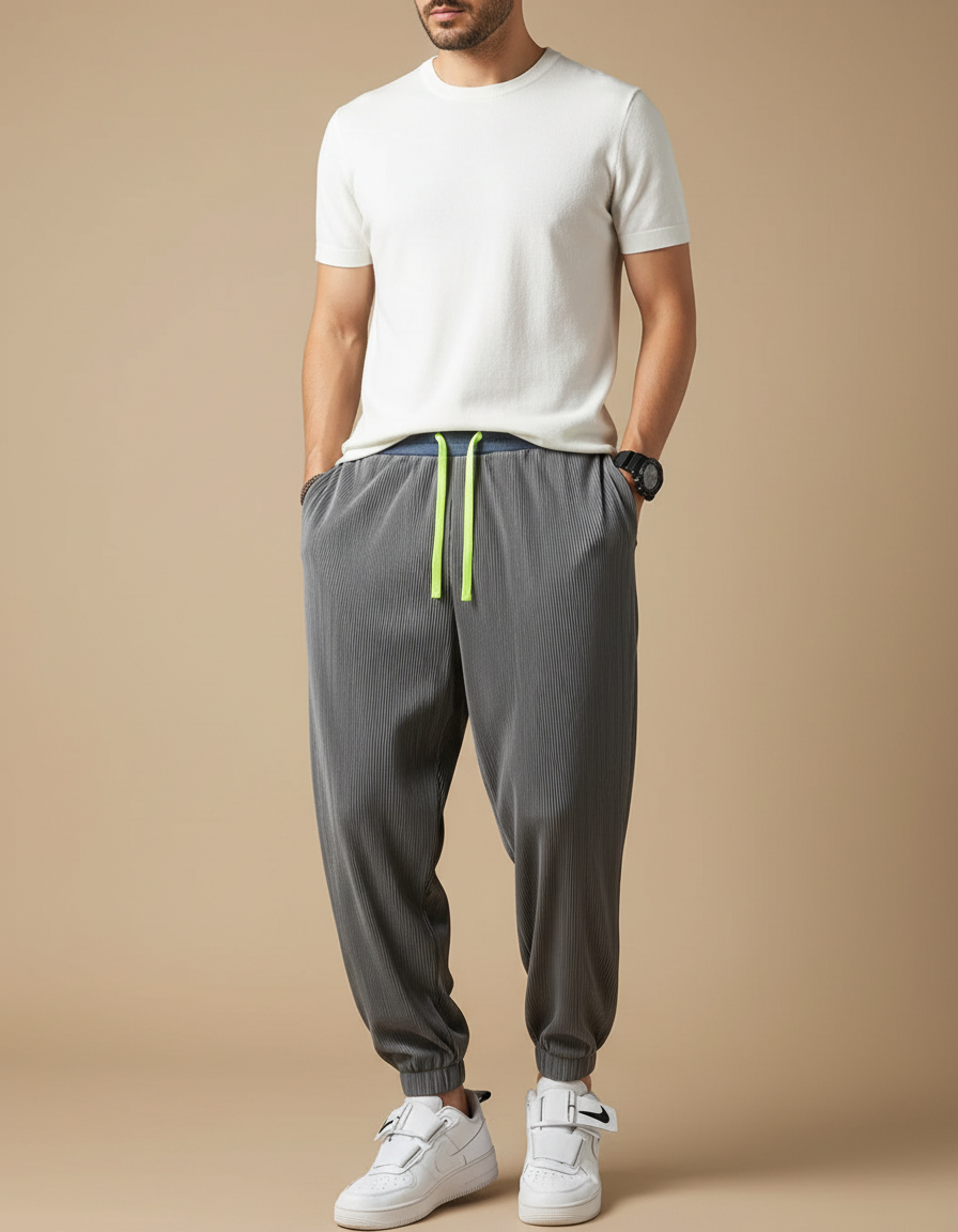 Pantalon Fluide Plissé Gris Cordon Léger Homme - Cordé