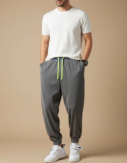 Pantalon Fluide Plissé Gris Cordon Léger Homme - Cordé