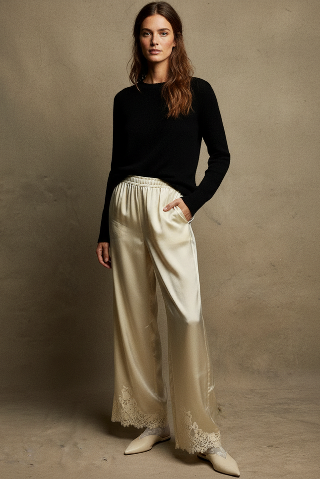 Pantalon Fluide Satiné Écru Ample Dentelle Élégant - Beige