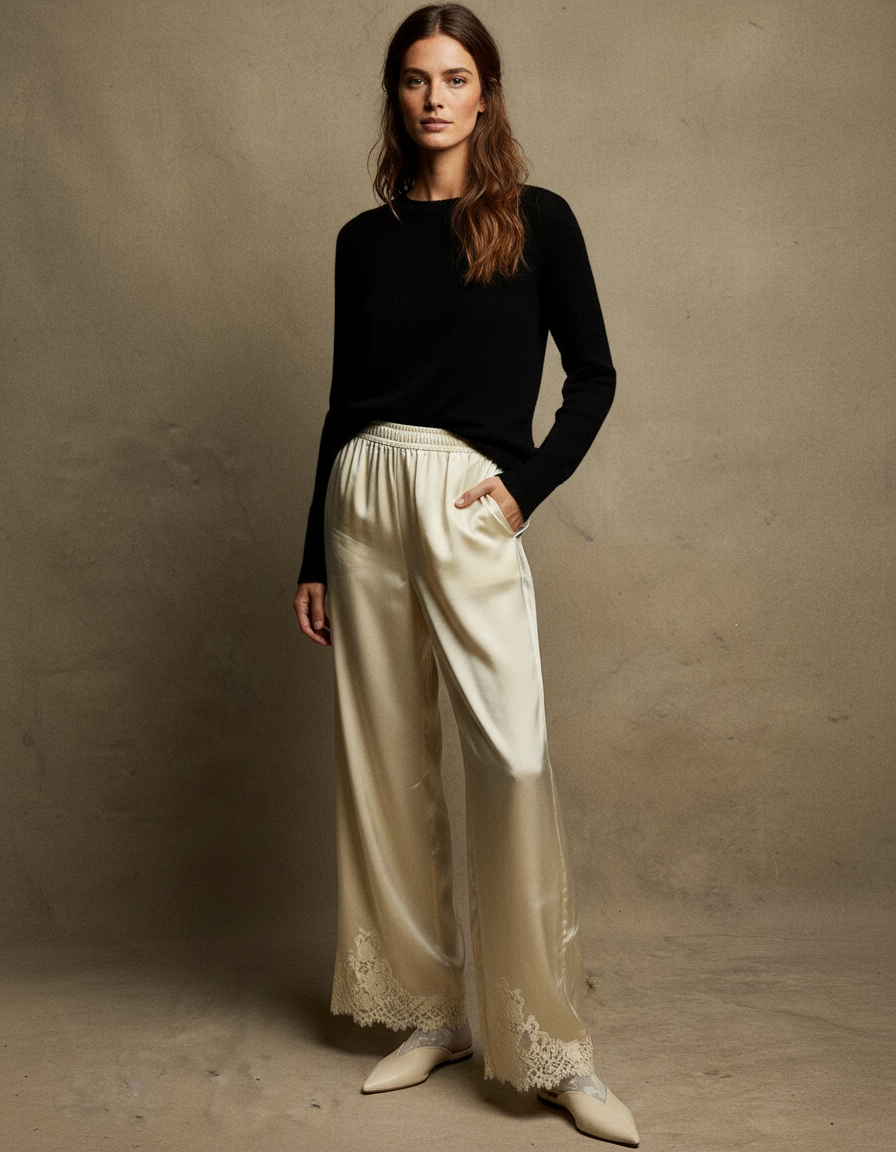 Pantalon Fluide Satiné Écru Ample Dentelle Élégant - Beige