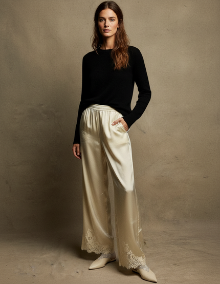 Pantalon Fluide Satiné Écru Ample Dentelle Élégant - Beige
