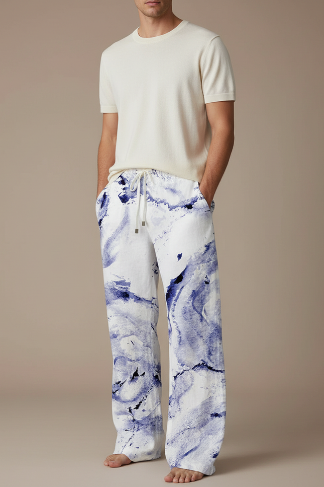 Pantalon Fluide Blanc Bleu Imprimé Abstrait Décontracté Homme - Lin