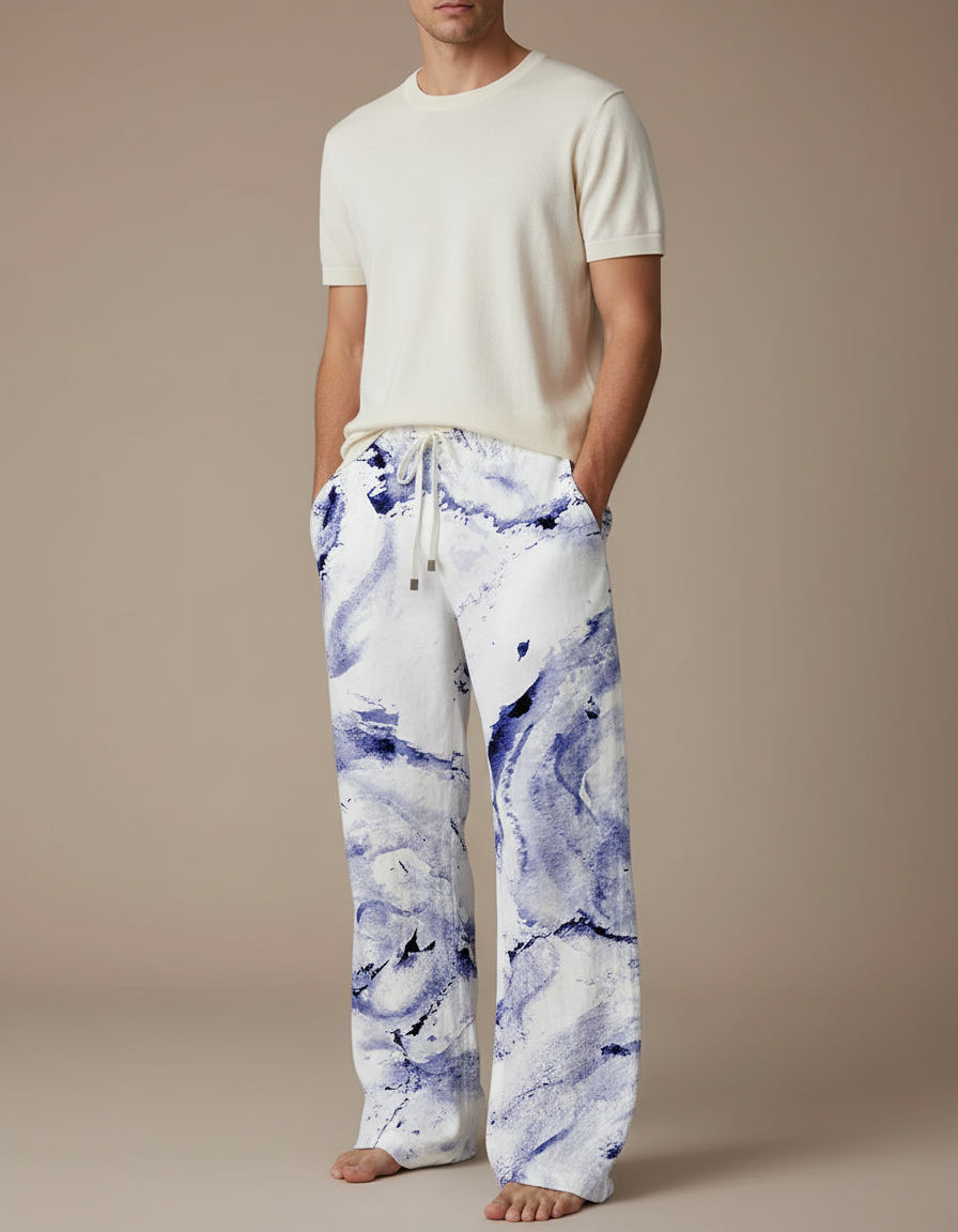 Pantalon Fluide Blanc Bleu Imprimé Abstrait Décontracté Homme - Lin
