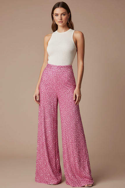 Pantalon Fluide Rose Pailleté Ample Élégant Scintillant - Polyester