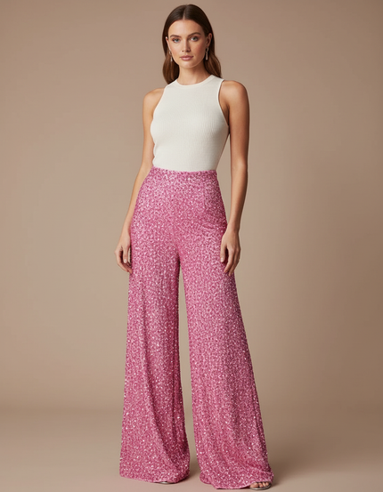 Pantalon Fluide Rose Pailleté Ample Élégant Scintillant - Polyester