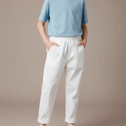 Pantalon Fluide Blanc Coton Élastique Décontracté Garçon
