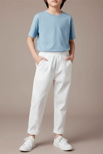Pantalon Fluide Blanc Coton Élastique Décontracté Garçon
