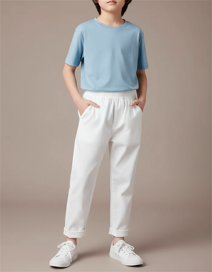 Pantalon Fluide Blanc Coton Élastique Décontracté Garçon