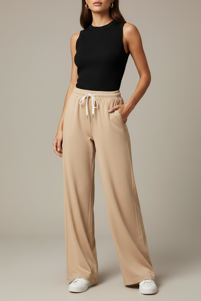 Pantalon Fluide Beige Large Confortable Cordon Femme - Molleton