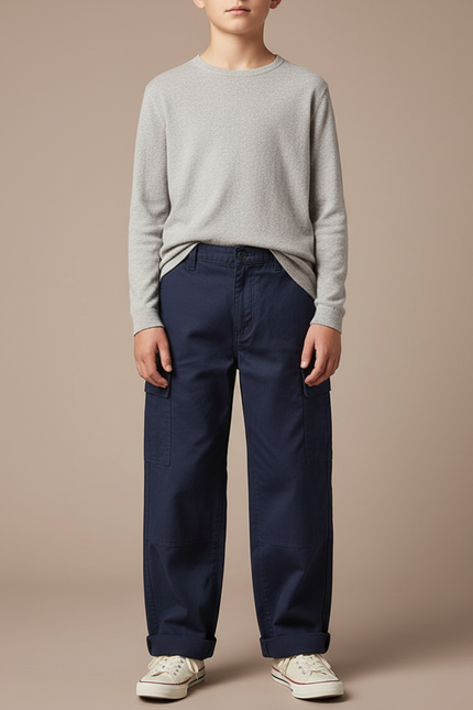 Pantalon Fluide Bleu Marine Coton Ample Cargo Enfant - Toile