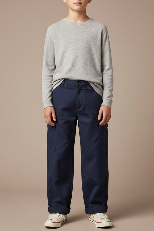 Pantalon Fluide Bleu Marine Coton Ample Cargo Enfant - Toile