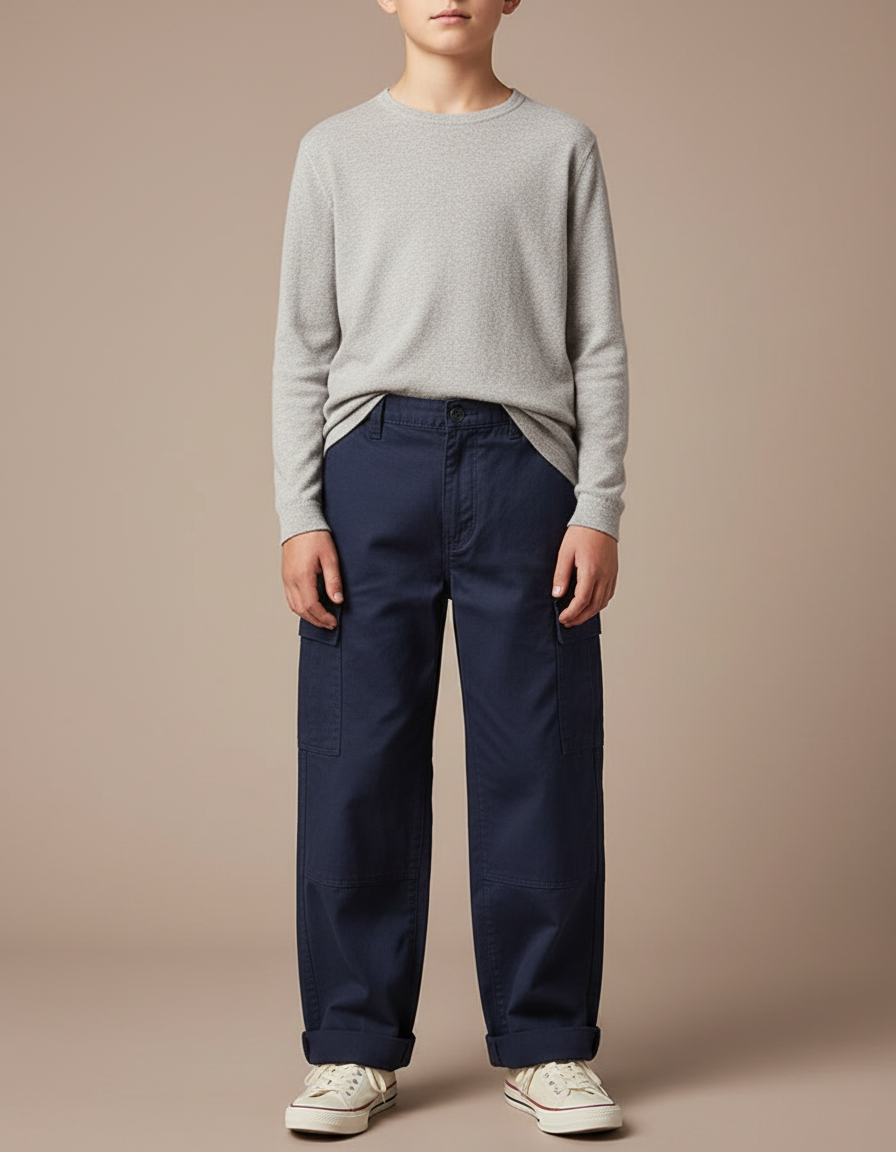 Pantalon Fluide Bleu Marine Coton Ample Cargo Enfant - Toile